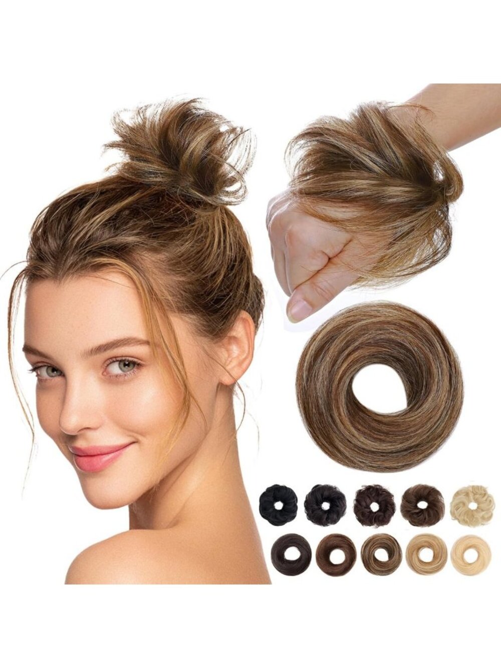 Messy Bun Hair Pieces - Human Hair, Medium Brown & Dark Blonde, Perfect for